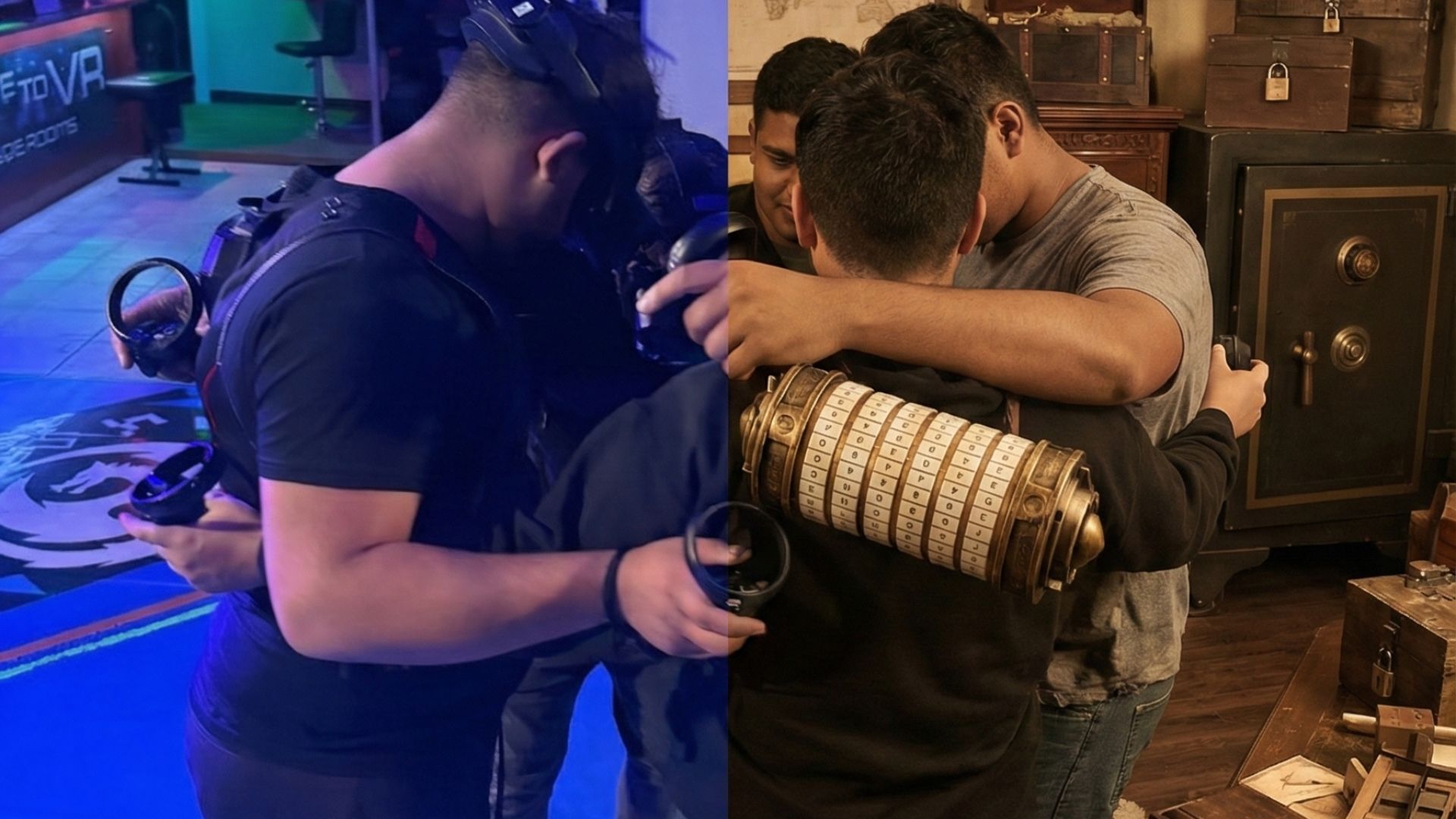 Split image showing VR escape room player and traditional escape room